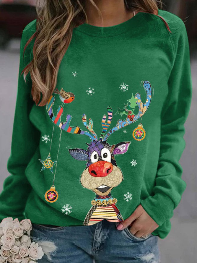 2023Wish Spring & Fall Round Neck Pullover Long-Sleeved Casual Christmas Deer Print Loose T-Shirt - Image 1