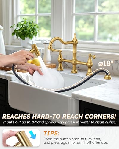 WOWOW Brass Kitchen Faucet Bridge with Side Sprayer, 4 Hole Kitchen Faucet 2 Handle 8 Inch Centerset Gold Faucet for Kitchen Sinks, Heritage Brushed Gold Kitchen Sink Faucet - Image 3
