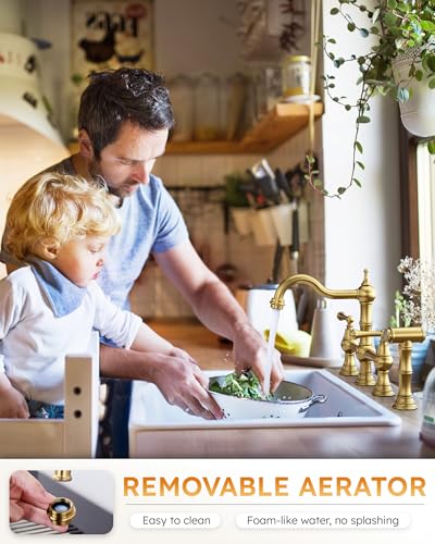 WOWOW Brass Kitchen Faucet Bridge with Side Sprayer, 4 Hole Kitchen Faucet 2 Handle 8 Inch Centerset Gold Faucet for Kitchen Sinks, Heritage Brushed Gold Kitchen Sink Faucet - Image 2