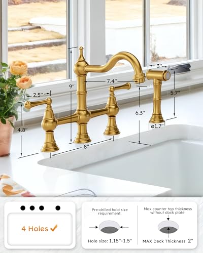 WOWOW Brass Kitchen Faucet Bridge with Side Sprayer, 4 Hole Kitchen Faucet 2 Handle 8 Inch Centerset Gold Faucet for Kitchen Sinks, Heritage Brushed Gold Kitchen Sink Faucet - Image 4