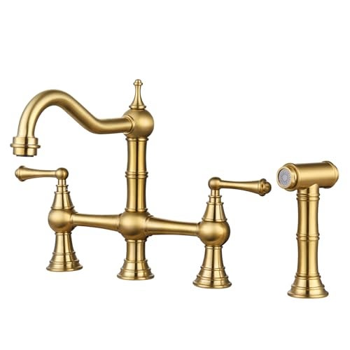 WOWOW Brass Kitchen Faucet Bridge with Side Sprayer, 4 Hole Kitchen Faucet 2 Handle 8 Inch Centerset Gold Faucet for Kitchen Sinks, Heritage Brushed Gold Kitchen Sink Faucet - Image 1