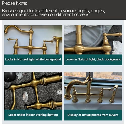 WOWOW Brass Kitchen Faucet Bridge with Side Sprayer, 4 Hole Kitchen Faucet 2 Handle 8 Inch Centerset Gold Faucet for Kitchen Sinks, Heritage Brushed Gold Kitchen Sink Faucet - Image 5
