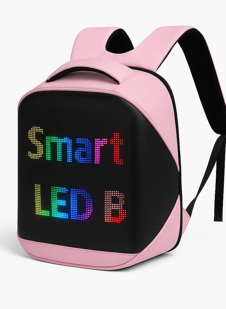 حقيبة ظهر ذكية بشاشة LED بدقة ‎64x64‎ بكسل تعمل بالباور بنك تحكم عبر تطبيق الواي فاي  – وردي فاتح - Image 1