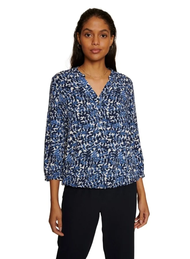 ZABAIONE Abstract Print V-Neck Long Sleeve Blouse - Blue and White