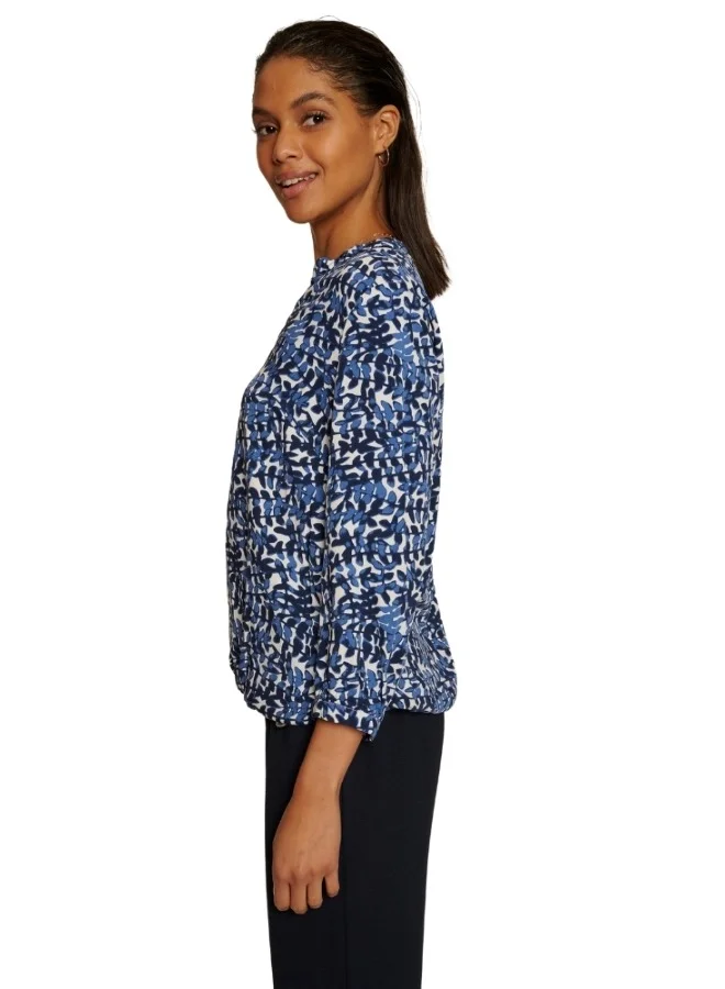 ZABAIONE Abstract Print V-Neck Long Sleeve Blouse - Blue and White