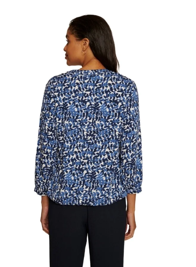 ZABAIONE Abstract Print V-Neck Long Sleeve Blouse - Blue and White