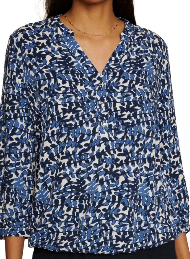 ZABAIONE Abstract Print V-Neck Long Sleeve Blouse - Blue and White