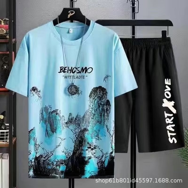 Youth summer casual suit men's thin quick-drying ice silk short-sleeved T-shirt home wear sports shorts two-piece set - Image 4