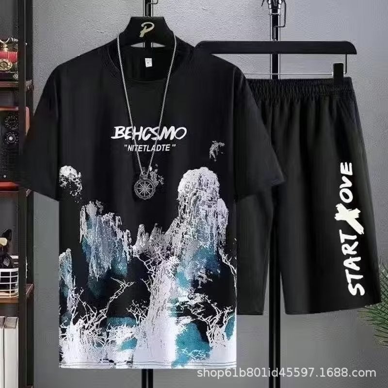 Youth summer casual suit men's thin quick-drying ice silk short-sleeved T-shirt home wear sports shorts two-piece set - Image 1