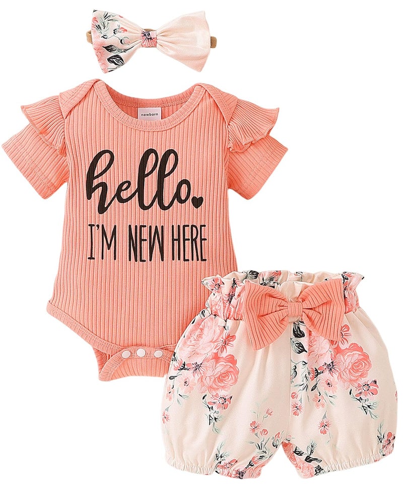 Yvowming Newborn Infant Baby Girl Clothes Outfits Rib Romper Floral Pants with Headband Winter Clothing Set (Peach, Newborn) - Image 1