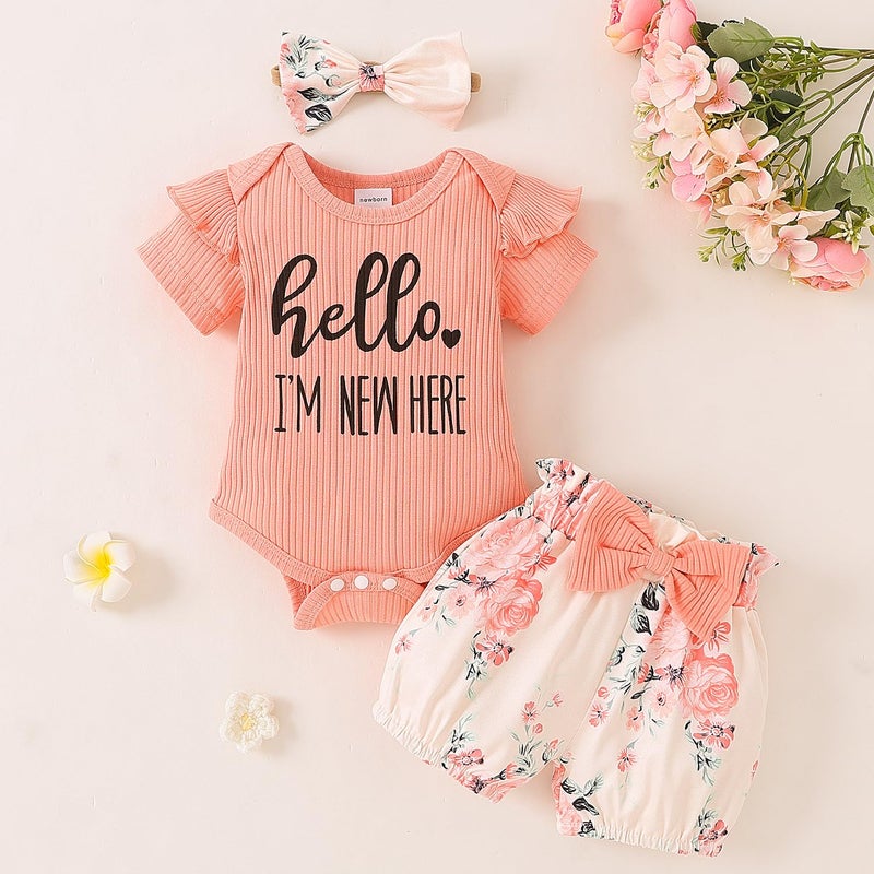 Yvowming Newborn Infant Baby Girl Clothes Outfits Rib Romper Floral Pants with Headband Winter Clothing Set (Peach, Newborn) - Image 2