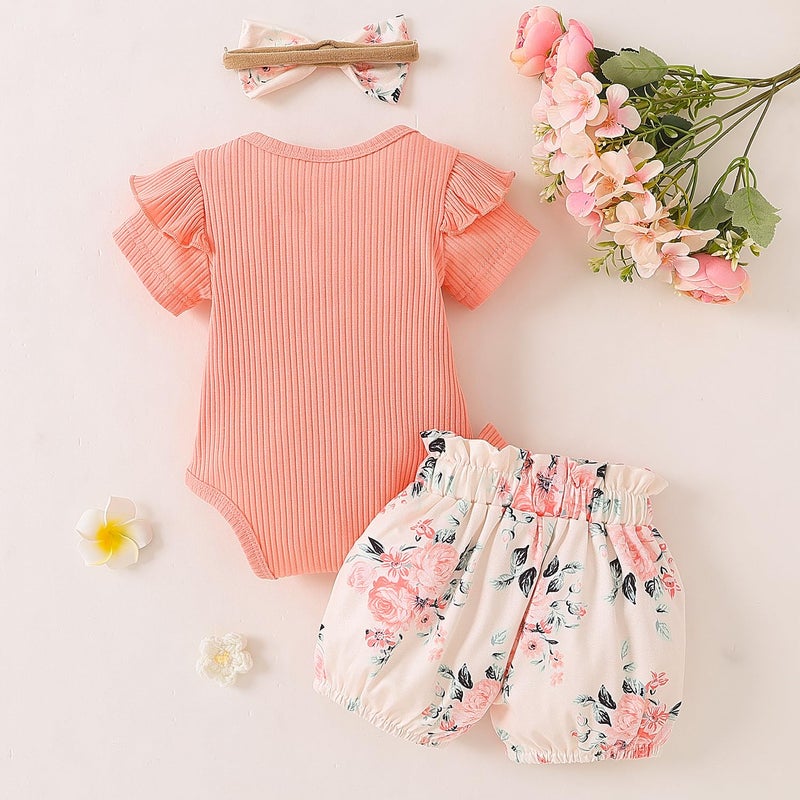 Yvowming Newborn Infant Baby Girl Clothes Outfits Rib Romper Floral Pants with Headband Winter Clothing Set (Peach, Newborn) - Image 3
