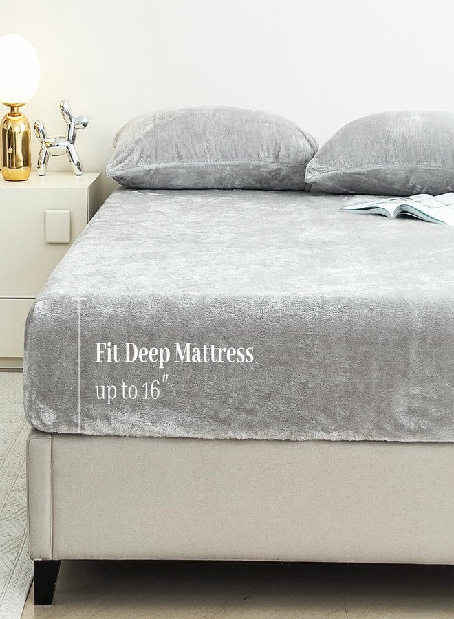 YIYEA Fleece Fitted Sheet Only, Ultra Soft Fluffy Plush Velvet Deep Pocket Fitted Bottom Sheet for Fall Winter, Cozy Warmth and No Shedding, Light Gray, Queen - Image 2