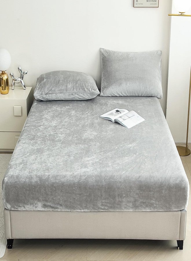 YIYEA Fleece Fitted Sheet Only, Ultra Soft Fluffy Plush Velvet Deep Pocket Fitted Bottom Sheet for Fall Winter, Cozy Warmth and No Shedding, Light Gray, Queen - Image 1