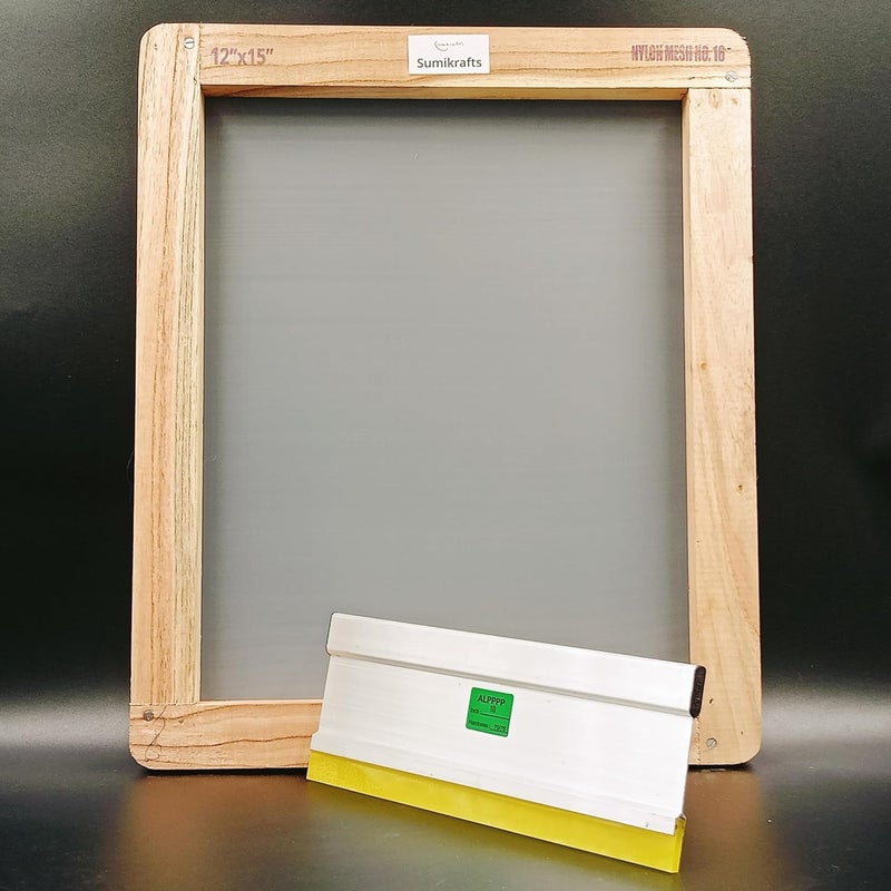 sumikrafts sumikrafts Screen Printing Kit Large Wooden Frame 12 x 15 with PreStretched Nylon Mesh No 16 10Inch Stopper Squeegee  - Image 1