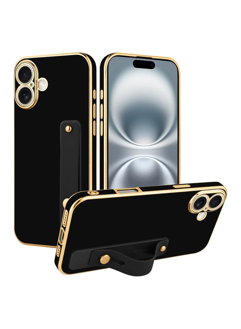 Phone case for iPhone 16 for women, girls, shiny luxury plated bumper, adjustable hand strap holder, raised edges iPhone 16 Shock Protection - Black - Image 1