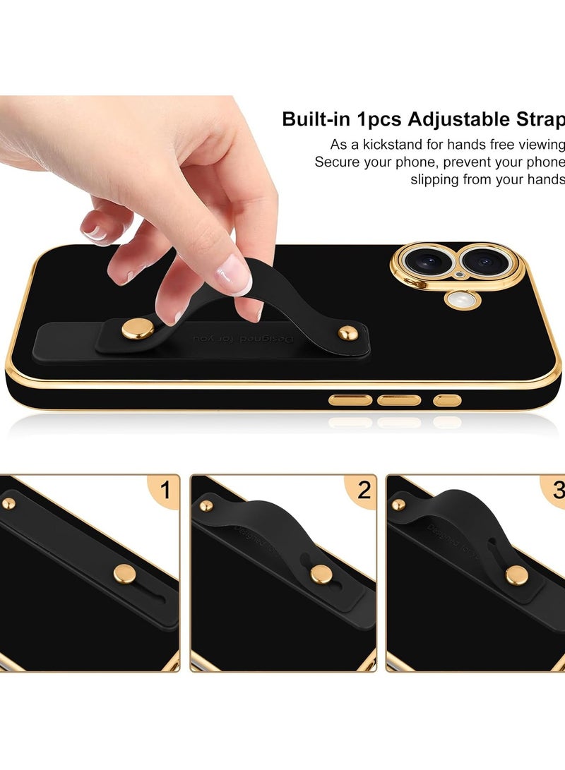 Phone case for iPhone 16 for women, girls, shiny luxury plated bumper, adjustable hand strap holder, raised edges iPhone 16 Shock Protection - Black - Image 3