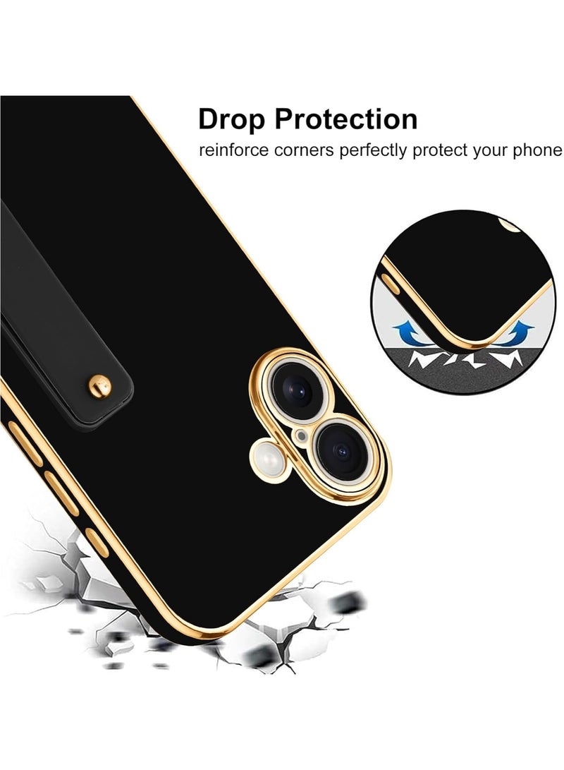 Phone case for iPhone 16 for women, girls, shiny luxury plated bumper, adjustable hand strap holder, raised edges iPhone 16 Shock Protection - Black - Image 2