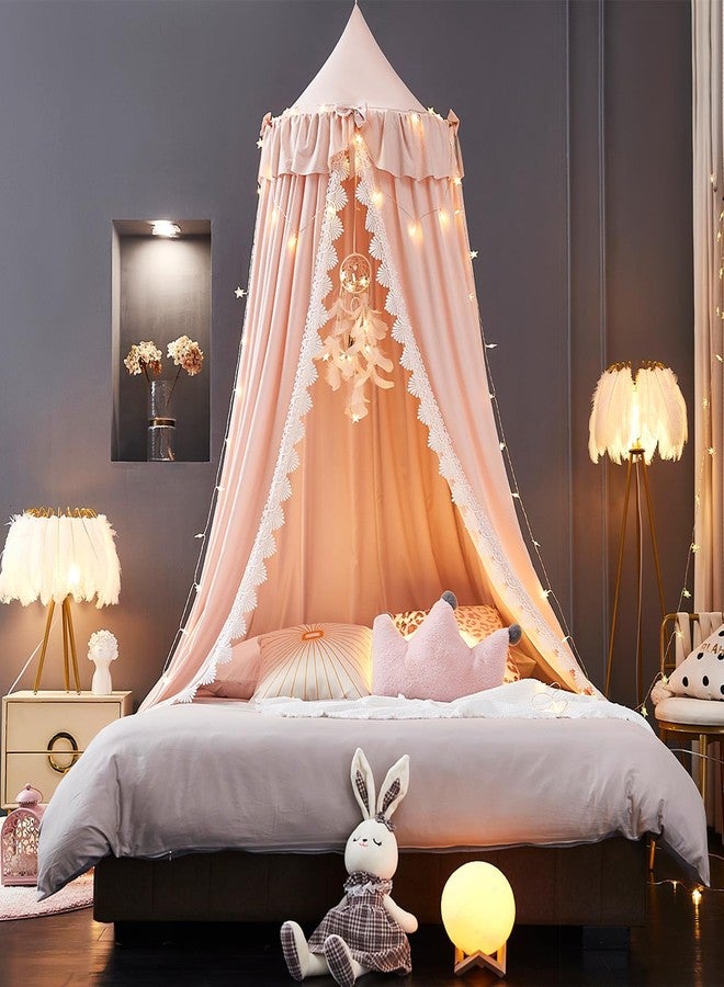 Kertnic Bed Canopy for Girls, Ruffled Soft Pink Princess Canopy Dreamy Bow Decor, Bed Canopies for Kids Room, Hanging Canopy Bedding Drapes Toddler Reading Nook Play Tent (Pink) - Image 2