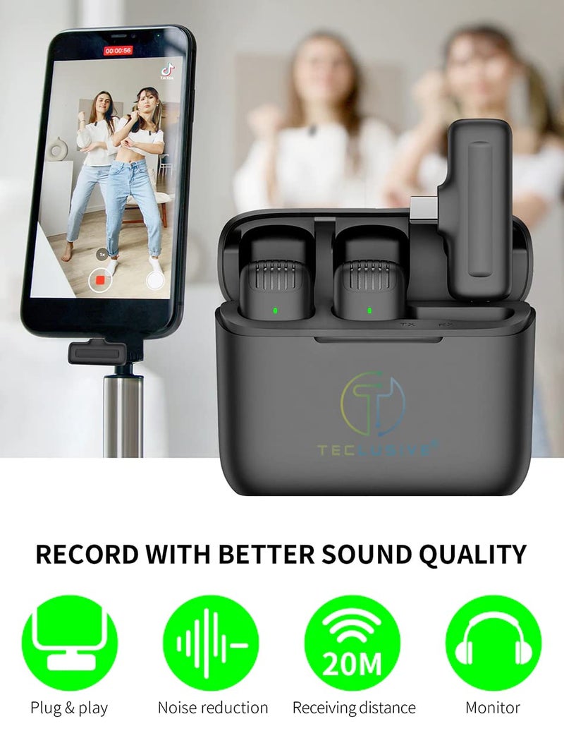 T Teclusive Double Wireless Lavalier Microphone Compatible for Type C iPhone | Wireless Mic with Charging Case | Active Noise Cancellation | Suitable for Vlog Insta You Tube Video Recording (Dual Mic) - Image 4