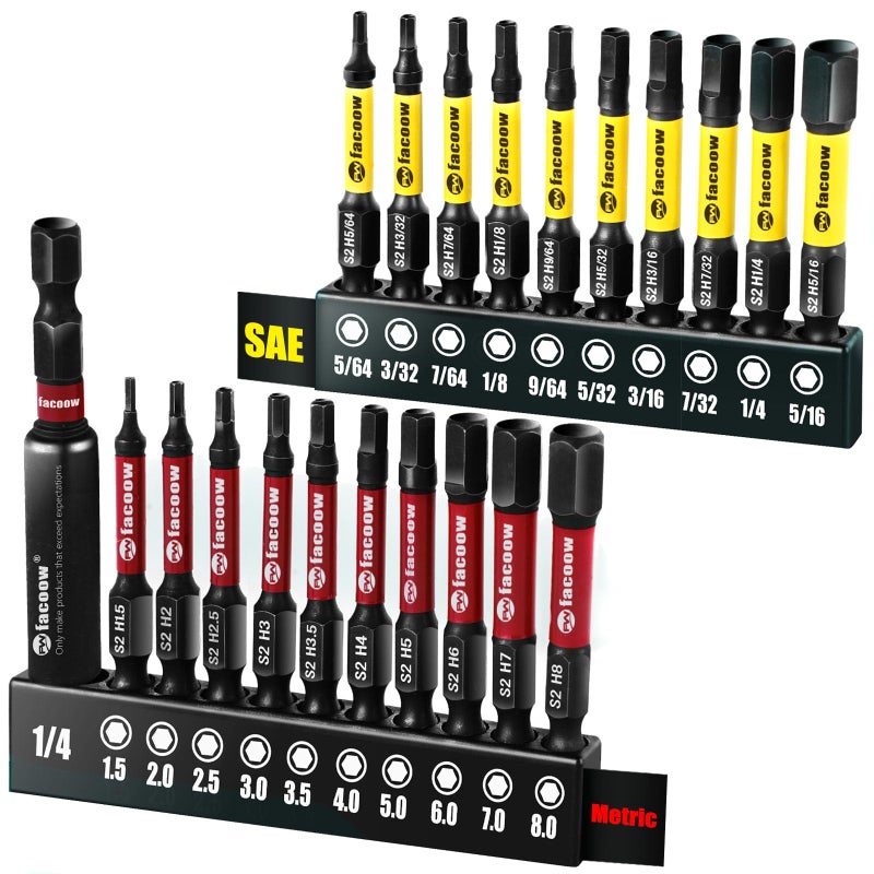 Facoow 21PCS Impact Hex Bit Set 2 Long SAE Metric S2 Alloy Steel Allen Wrench Drill Bits Set with Magnetic Tips CNC Machined 14 HexShank Allen Key Bits with Bit Holder Storange Box