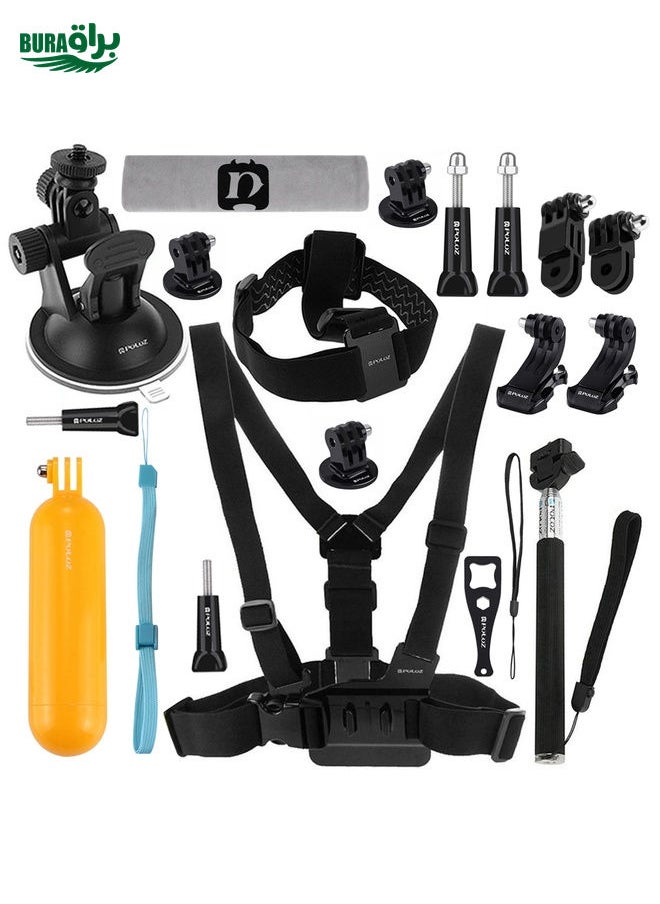 BURAQ - PULUZ 20 in 1 Accessories Combo Kits (Chest Strap + Head Strap + Suction Cup Mount + 3-Way Pivot Arm + J-Hook Buckles + Extendable Monopod + Tripod Adapter + Bobber Hand Grip + Storage Bag + Wrench) for GoPro, Insta360, DJI and Other Action Cameras - Image 1