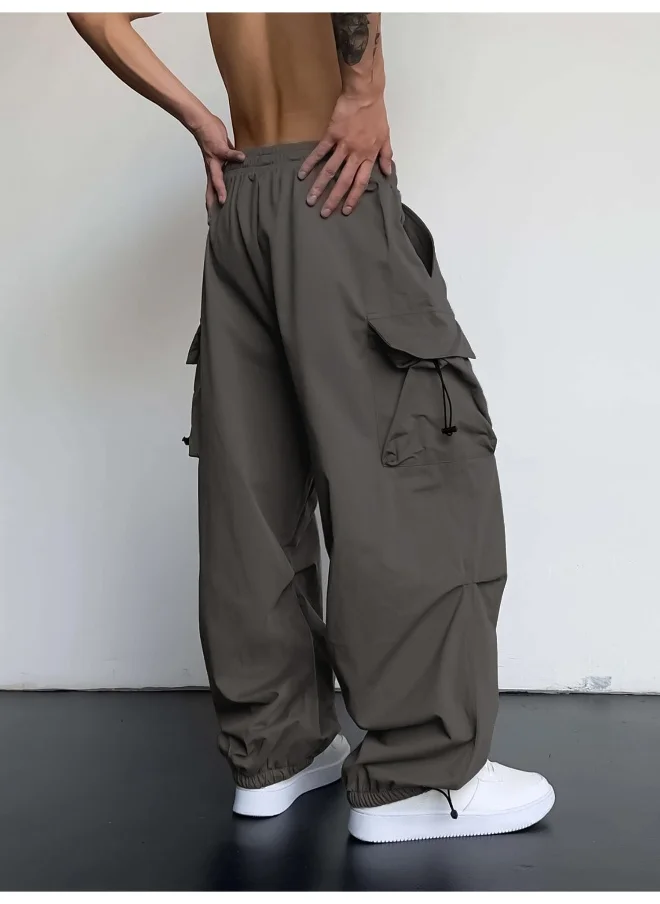 Maniac Maniac Men Solid Side Pockets Dark Grey Nylon fabric Baggy fit Cargo Pant