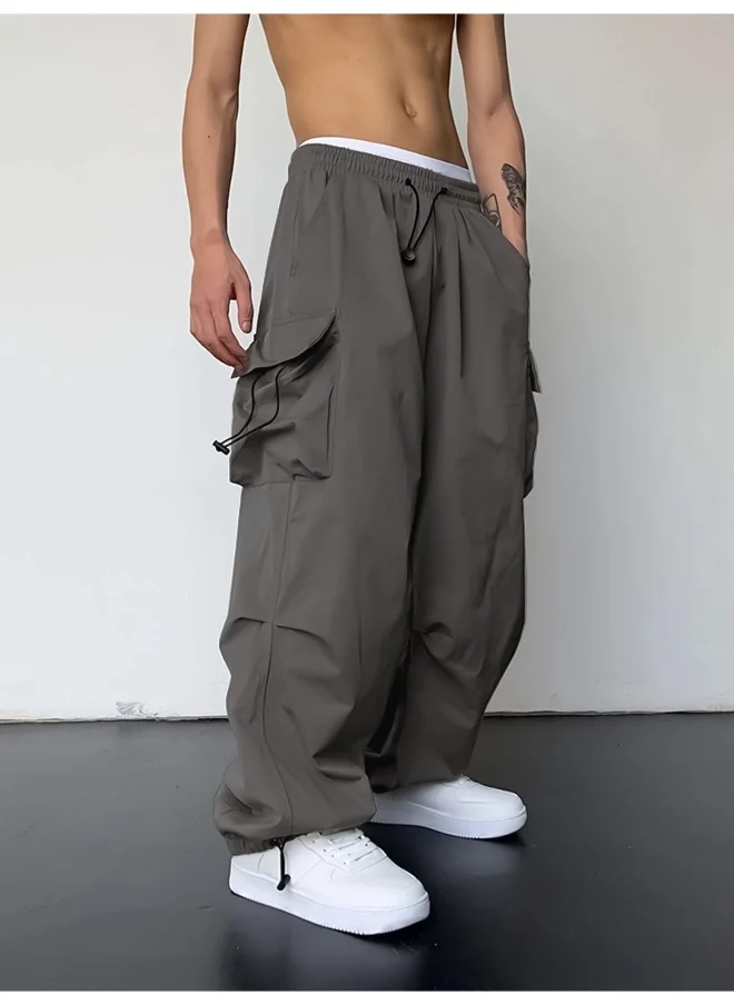 Maniac Maniac Men Solid Side Pockets Dark Grey Nylon fabric Baggy fit Cargo Pant