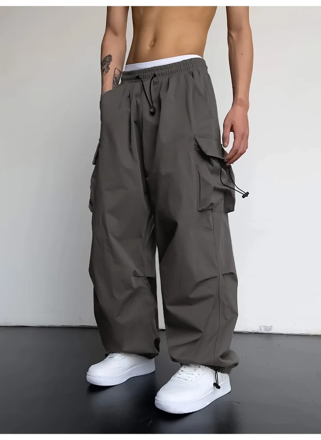 مانياك Maniac Men Solid Side Pockets Dark Grey Nylon fabric Baggy fit Cargo Pant