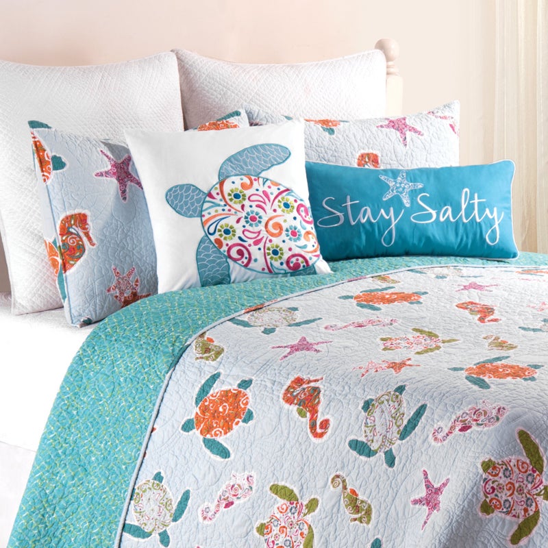 CF Home St Kitts FullQueen 3 Piece Quilt Set Summer Beach Ocean Coastal Sea Turtle Sea Horse Reversible Machine Washable Lightweight Bedspread Coverlet Bedding FullQueen 3 Piece Set Green