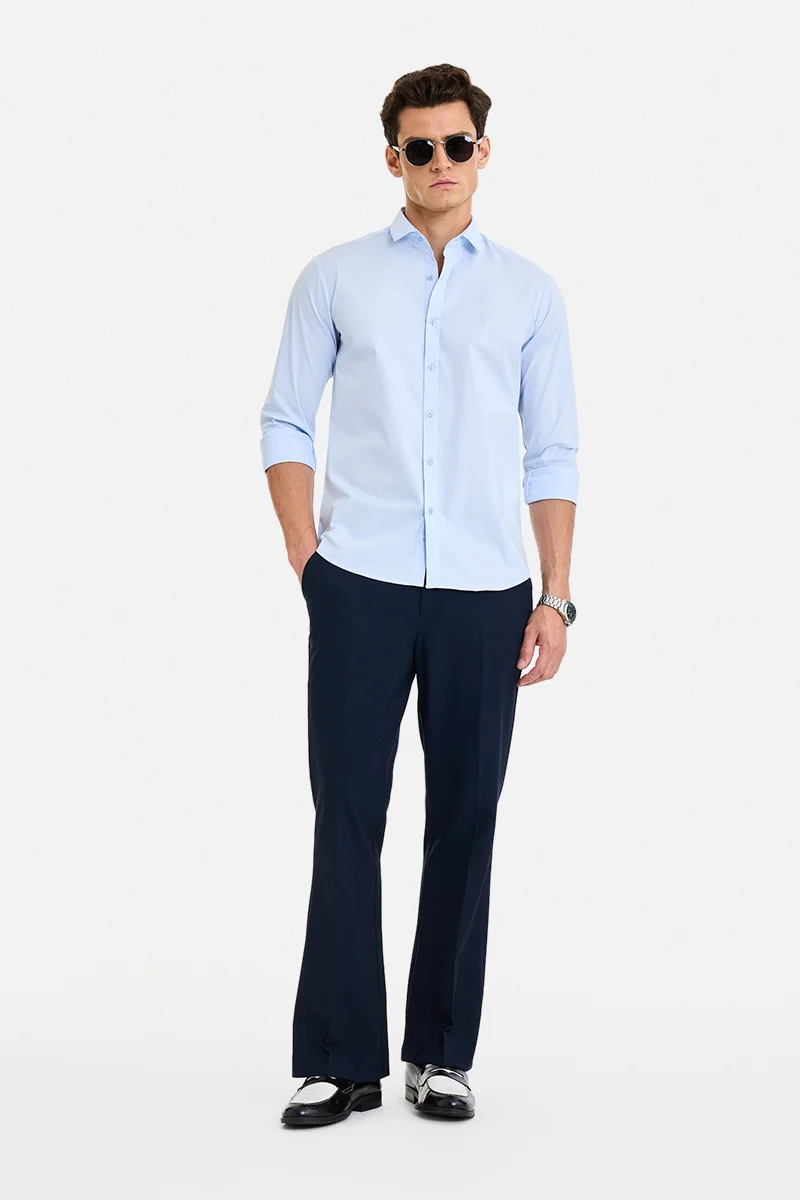 سنيتش Navy Blue Solid Flared Fit Formal Trousers
