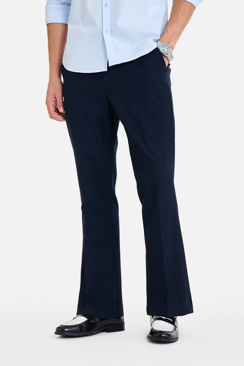 سنيتش Navy Blue Solid Flared Fit Formal Trousers