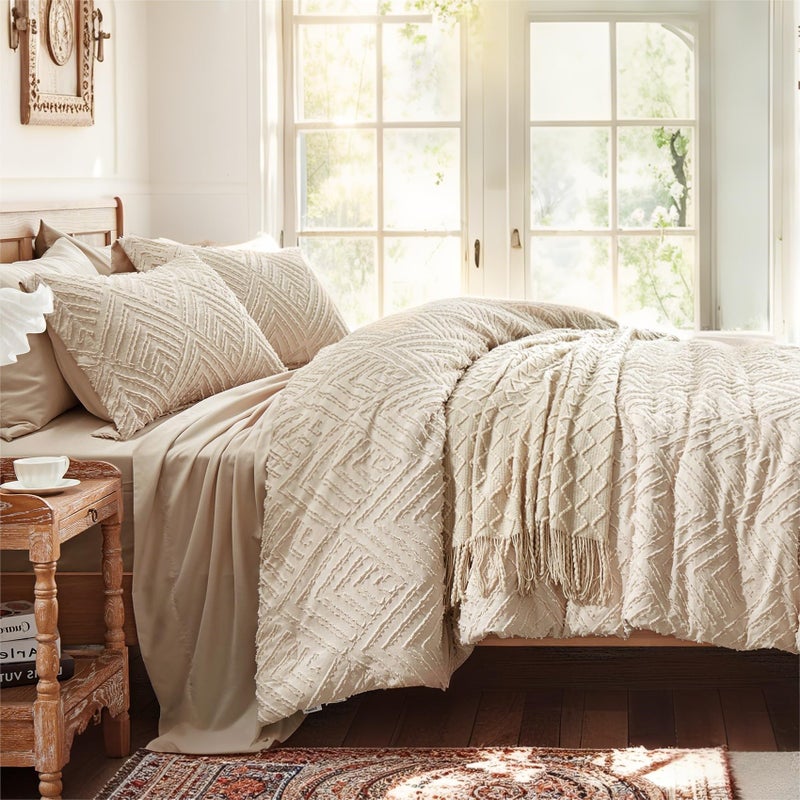 Zzlpp King Size Comforter Set 7 Pieces, Beige Tufted Bed in a Bag with Comforter and Sheets, All Season Boho Bedding Sets with 1 Comforter, 2 Pillow Shams, 2 Pillowcases, 1 Flat Sheet, 1 Fitted Sheet - Image 4