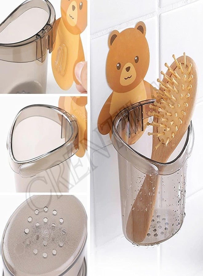 TEZURTH Pack of 1 Toothbrush Holder Plastic Stand for Toothpaste, Comb, Brush, Cream,Razor Holder Lotion Kids Bathroom Cup Drain Waterproof Sturdy Self Adhesive,Teddy Bear - BZ5835 - Image 2