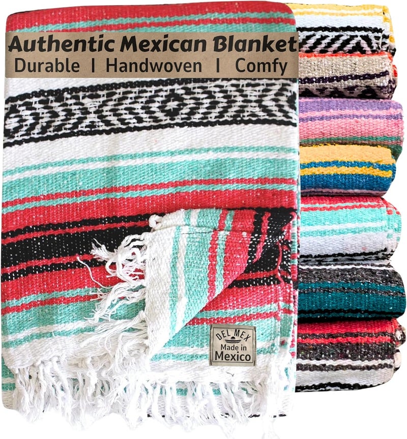 Del Mex Classic Mexican Blanket, Large Authentic Woven Falsa Throw (70"x50"), Artisan Southwest Décor for Beach, Yoga, Outdoors (Pink/Mint) - Image 1