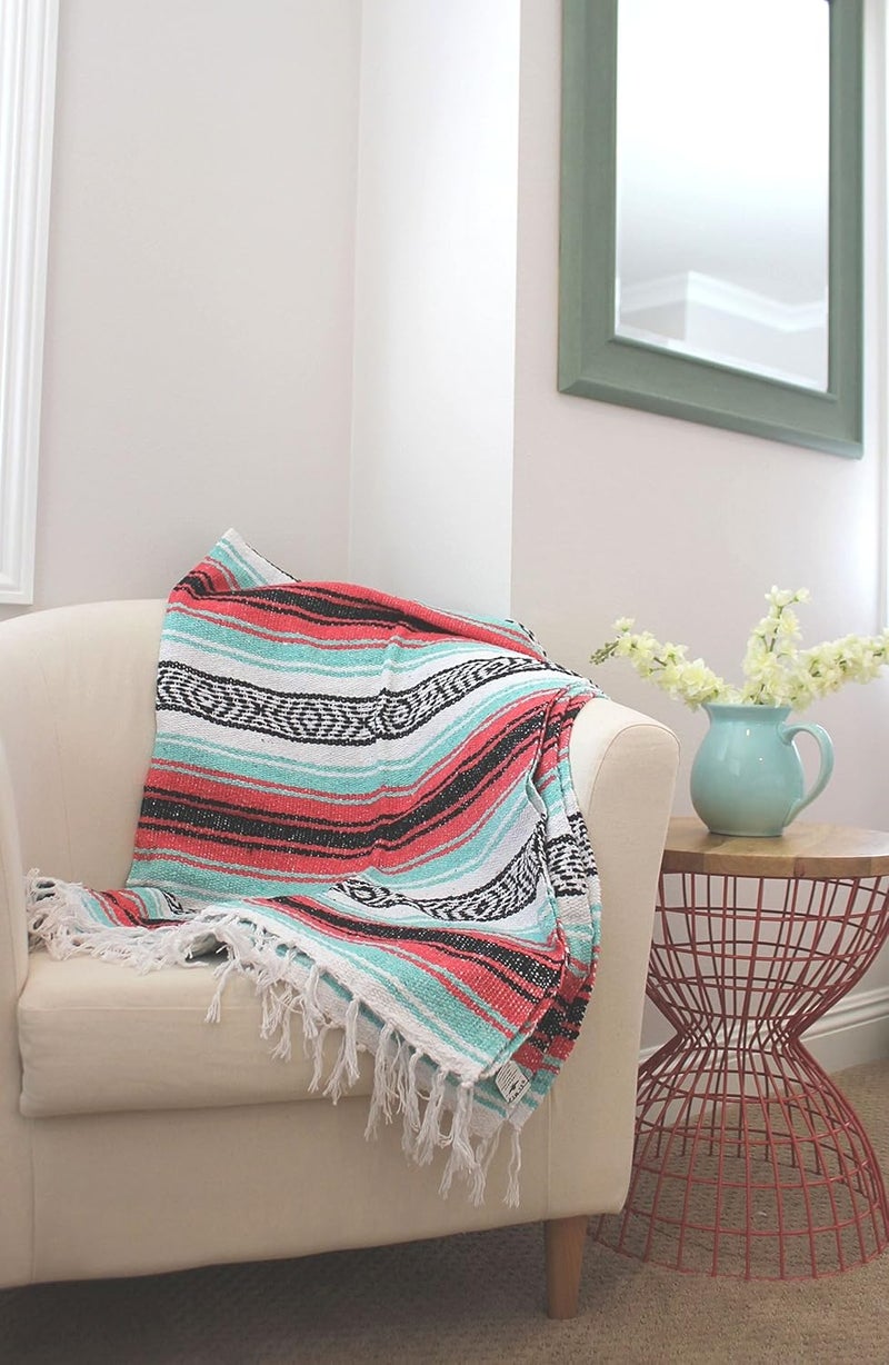Del Mex Classic Mexican Blanket, Large Authentic Woven Falsa Throw (70"x50"), Artisan Southwest Décor for Beach, Yoga, Outdoors (Pink/Mint) - Image 2