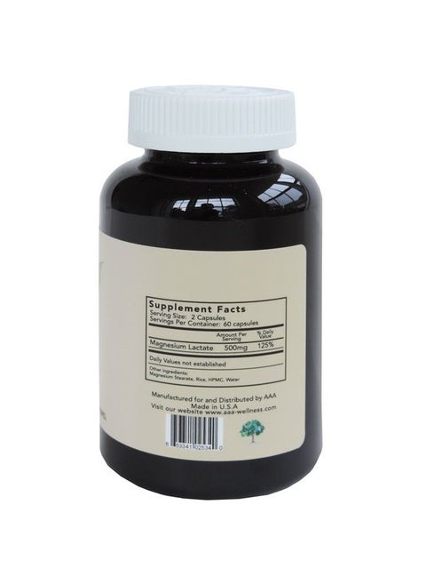 Magnesium Lactate 500 mg per Serving, 120 Easy to Swallow Small Vegetarian Capsules. Gluten Free. Doctor formulated. Highly bioavailable Formulation. High Absorption. Made in USA.