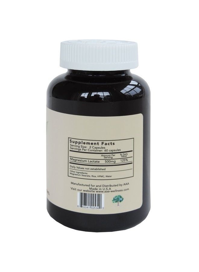 American Anti Aging - Magnesium Lactate 500 mg per Serving, 120 Easy to Swallow Small Vegetarian Capsules. Gluten Free. Doctor formulated. Highly bioavailable Formulation. High Absorption. Made in USA. - Image 1