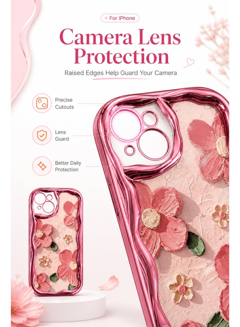AL RAID Floral Wave iPhone 14 Plus Case, Cute Pink Transparent Phone Cover With Shockproof Wavy Bumper, Clear Back Protective Case, Soft TPU Mobile Cover With Camera Lens Protection For Women And Girls - Image 4