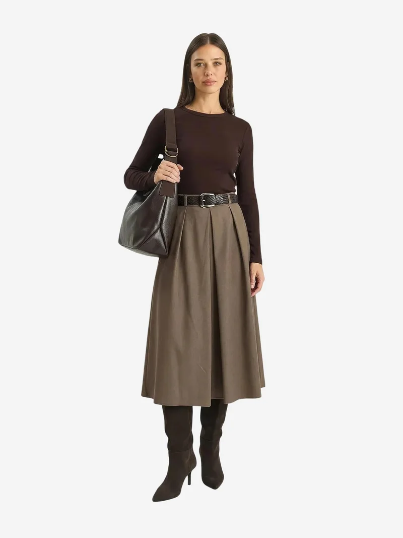 Bianco Lucci Mocha Brown LUCCI High Waist Midi Skirt with Belt for Women | Best Price UAE