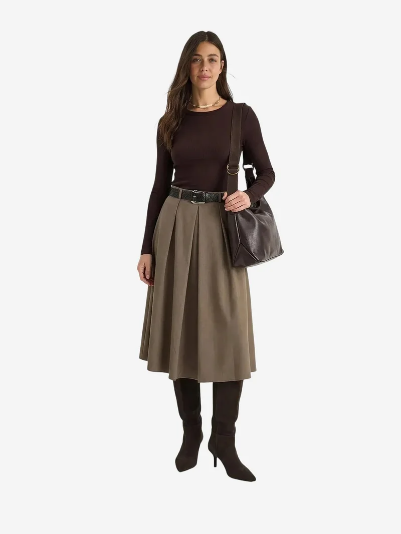 Bianco Lucci Mocha Brown LUCCI High Waist Midi Skirt with Belt for Women | Best Price UAE