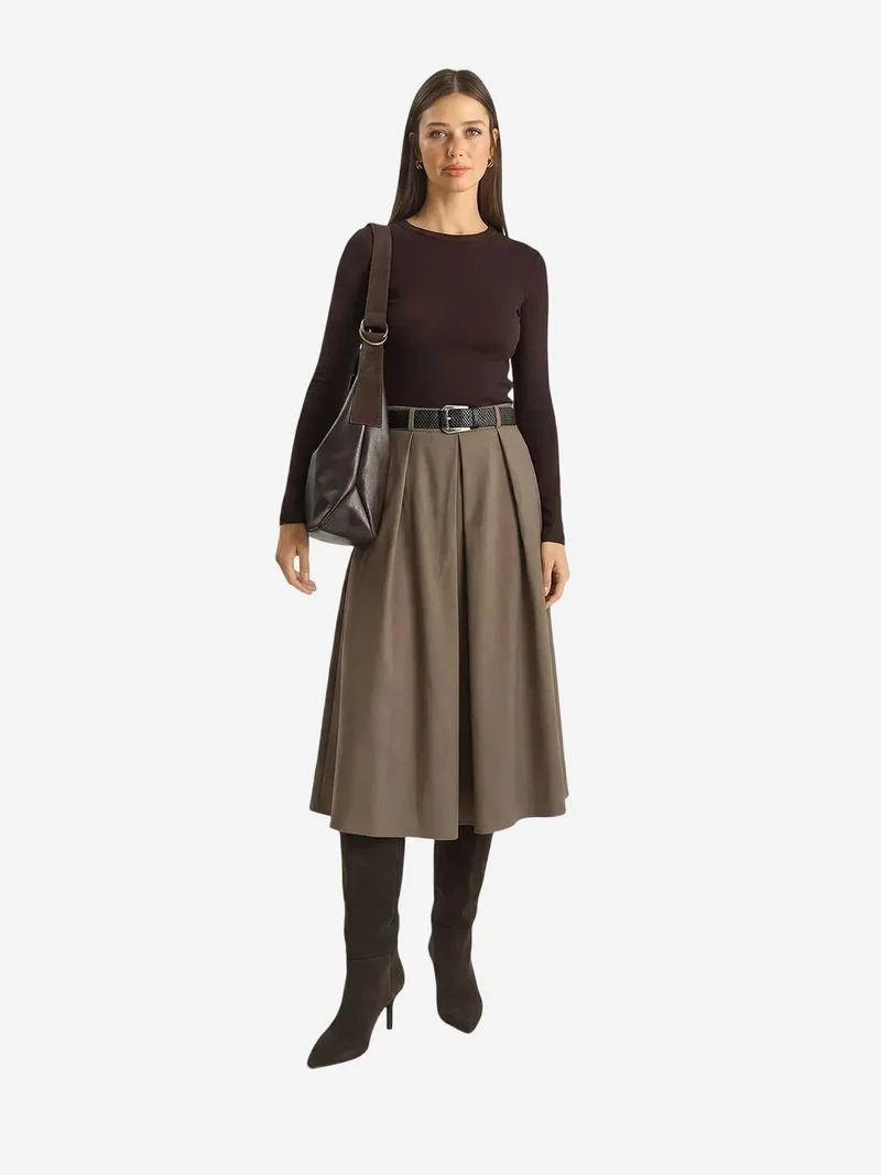 Bianco Lucci Mocha Brown LUCCI High Waist Midi Skirt with Belt for Women | Best Price UAE