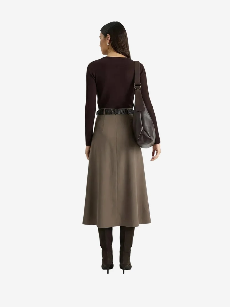 Bianco Lucci Mocha Brown LUCCI High Waist Midi Skirt with Belt for Women | Best Price UAE