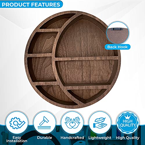 Nimpro Wooden Crescent Moon Shelf Wall Decor - Decorative Boho Home Hanging Display Shelf for Bedroom, Dorm, Nursery - Easy Mount Storage for Crystals and Essential Oils - 14 x 14 x 3.5 (Brown) - Image 3