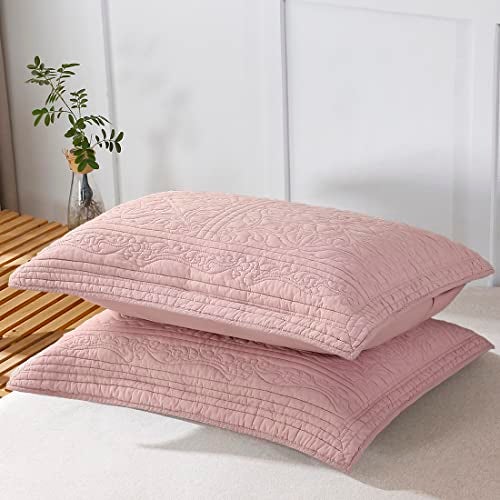 WINLIFE 100% Cotton Quilted Pillow Sham Floral Printed Pillow Cover (Standard, Dusty Pink) - Image 2