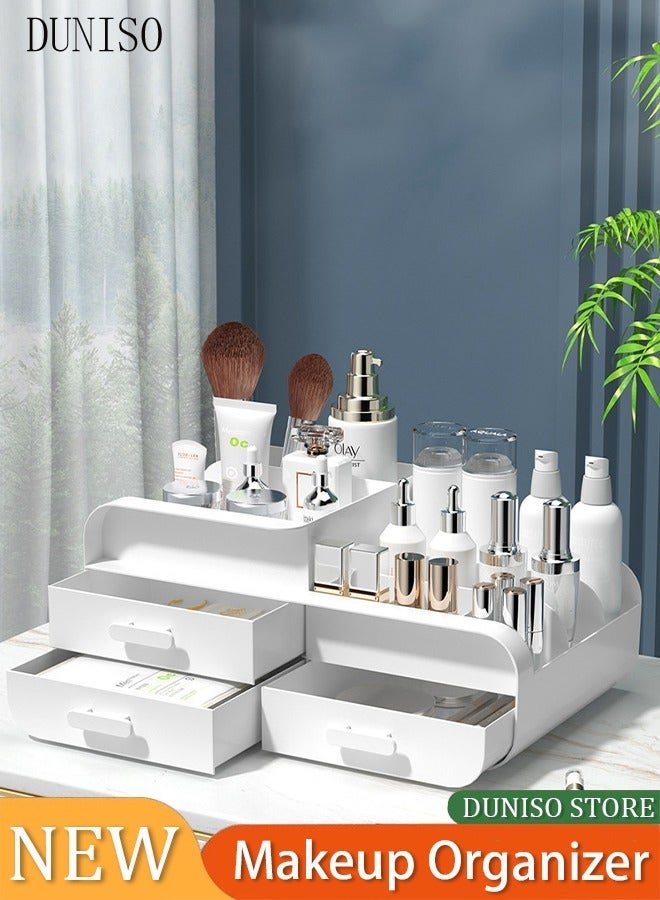 DUNISO Makeup Organizer,Cosmetic Organizer Storage Box with Drawer Elegant Vanity Case for Bathroom Bedroom Office Supplies(White) - Image 1