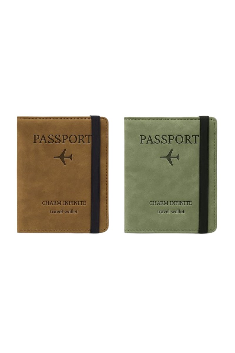 SKM مجموعة من قطعتين من محافظ جواز السفر - محافظ سفر من جلد البولي يوريثان - لون القهوة والأخضر - للجنسين - حزام مطاطي - Image 1