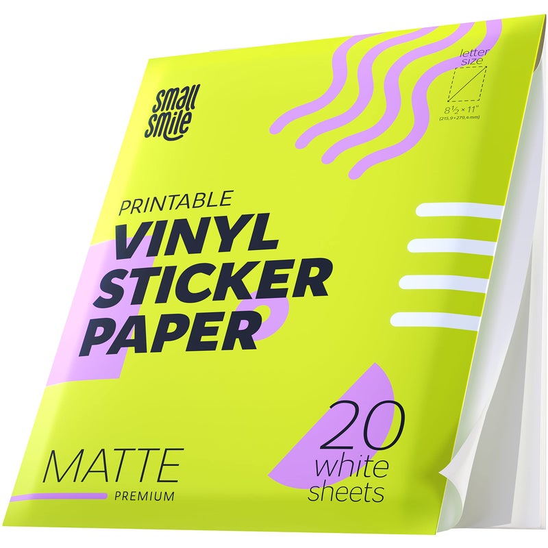 SMALL SMILE Premium Printable Vinyl Sticker Paper for Inkjet Printer and Laser - 20 White Matte Sticker Paper Waterproof - Durability Adhesive Paper 8.5 x 11, Fast Dry, Holds Ink Well, Great for Cutting Machines - Image 1