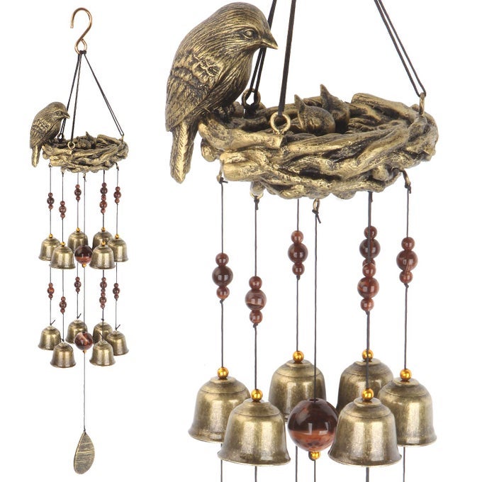BIRD NEST WIND CHIME BIRD BELLS CHIMES WITH 12 WIND BELLS FOR GLORY MOTHERS LOVE GIFT GARDEN BACKYARD CHURCH HANGING DECOR BRONZE