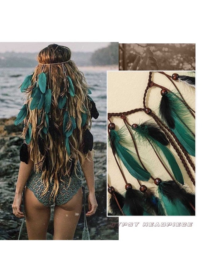 GORTIN Boho Feather Headband Gypsy Headpiece Headdress Bohemian Hippie Headbands Indian Festival Hair Band Adjust Long Feather Hair Accessories For Women And Girls (Black+Green) - Image 4